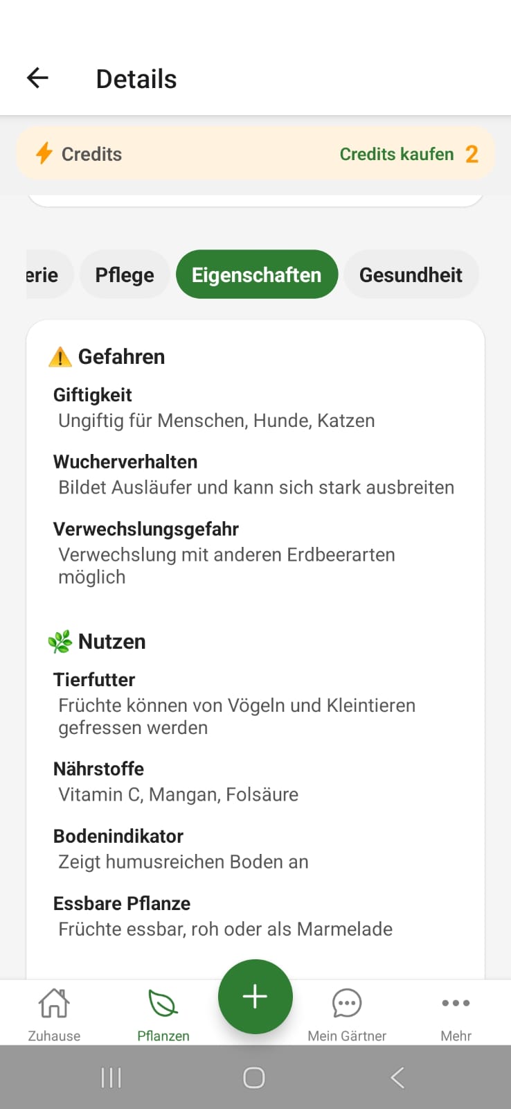 FloraScout Pflanzendetails mit Eigenschaften und Nutzen