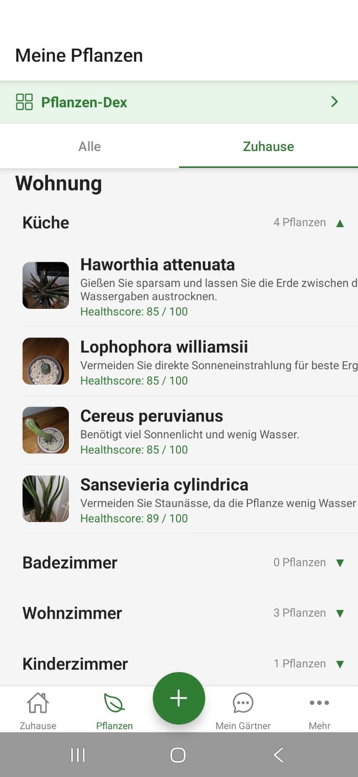 FloraScout Pflanzenliste nach Raeumen gruppiert