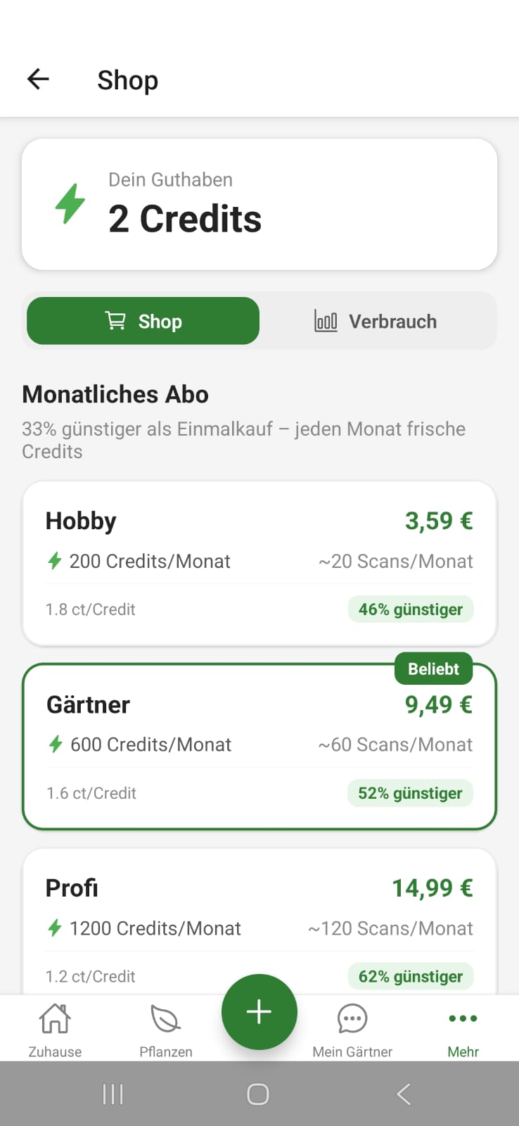 FloraScout Shop mit Credit-Abos