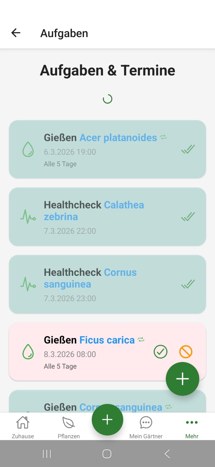 FloraScout Aufgaben und Termine mit Pflege-Erinnerungen